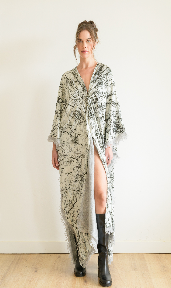 Snowy Silk & Cashmere Floor Length Kimono